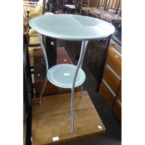 245 - A CIRCULAR OCCASIONAL TABLE WITH GREY METAL FRAME AND FROSTED GLASS CIRCULAR TOP AND UNDERSHELF