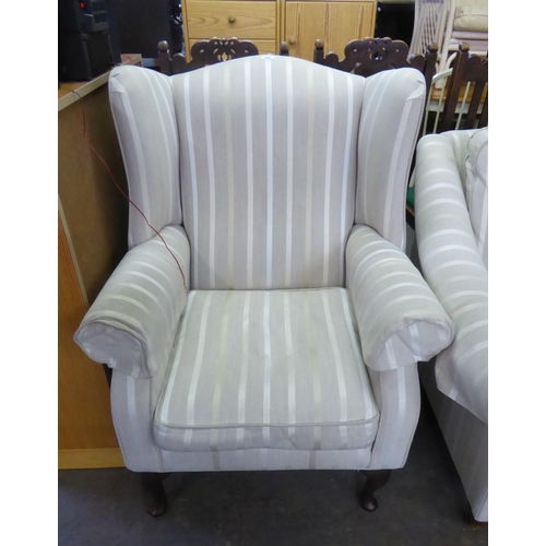 247 - LAURA ASHLEY GEORGIAN STYLE WINGED EASY ARMCHAIR, UPHOLSTERED AND COVERED IN GREY AND WHITE STRIPED ... 