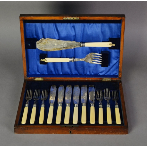 33 - CASED SET OF SIX PAIRS OF FISH EATERS AND SERVERS, with bone hands and engraved blades, in a blue pl... 