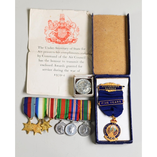 55 - GROUP OF FIVE WORLD WAR II SERVICE MEDALS AND LATER CADET FORCES MEDAL WITH RIBBONS ON BROOCH AWARDE... 