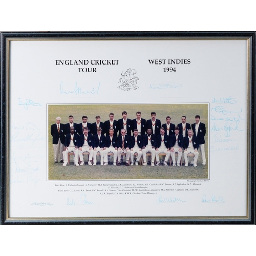 147 - FRAMED PHOTOGRAPH OF ENGLAND CRICKET TOUR - WEST INDIES 1994 WITH EIGHTEEN FADED AUTOGRAPHS, also a ... 