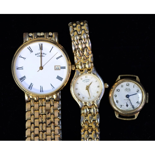 453 - GENT'S ROTARY QUARTZ SWISS GOLD PLATED STRAP WATCH G619; a SIMILAR LADIES GOLD PLATE BRACELET WATCH,...