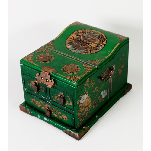 310 - 20TH CENTURY JAPANESE LADY'S GREEN PAINTED WOOD TRAVELLING VANITY CASKET, the lid decorated with dra... 