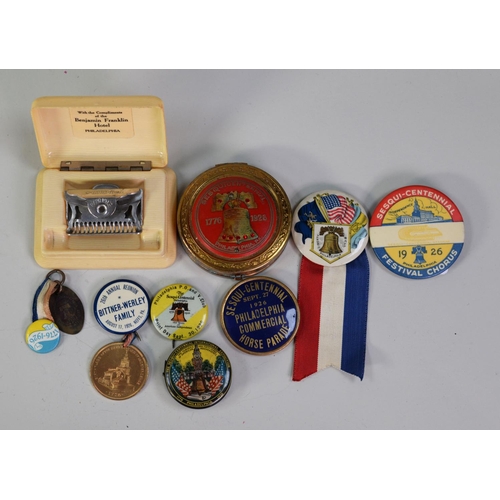 252 - SIX TIN BADGES RELATING TO THE PHILADELPHIA 1926 EXPOSITION, including one related to the horse para... 