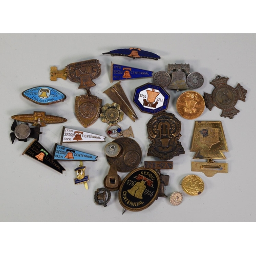 253 - APPROXIMATELY 26 SMALL GILT METAL AND ENAMELLED METAL BADGES RELATING TO THE SESQUICENTENNIAL EXPOSI... 