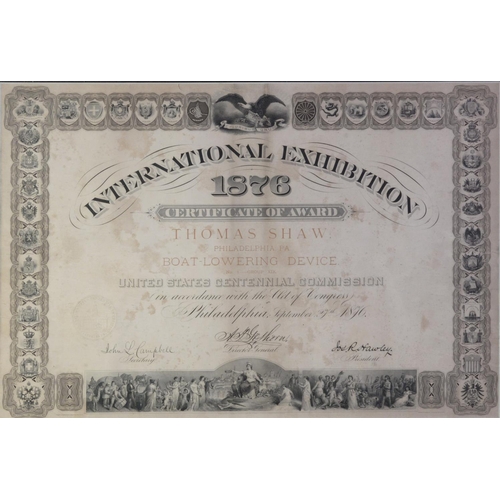 254 - AWARD CERTIFICATE RELATING TO THE 1876 INTERNATIONAL EXHIBITION PHILADELPHIA, to Mr Thomas Shaw, lat... 