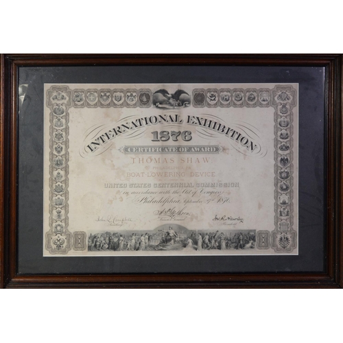 254 - AWARD CERTIFICATE RELATING TO THE 1876 INTERNATIONAL EXHIBITION PHILADELPHIA, to Mr Thomas Shaw, lat... 