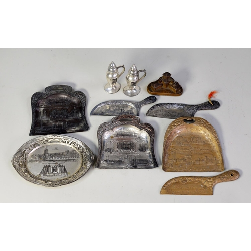 256 - TEN METAL SOUVENIR ITEMS RELATING TO THE WORLD'S FAIR CHICAGO 1933, includes a pair of pedestal pepp... 