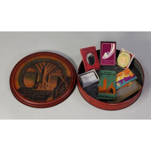 257 - CIRCULAR BISCUIT TIN - MRS STEVENS - WITH 1933 IMAGE OF ICONIC BUILDING FROM WORLD'S FAIR, CHICAGO, ... 