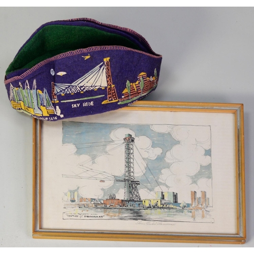 258 - CHICAGO WORLD'S FAIR 1933 - 1934 COLOUR PRINTED FELT HAT with images of Transport building, Sky Ride... 