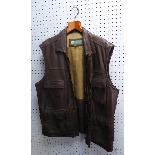 404 - HIDEPARK.CO.UK 'TOP GRADE HIDE' DARK BROWN GILET with various pockets, size XL; a SHEEPSKIN SHOP, LE... 