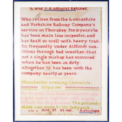 387 - EARLY TWENTIETH CENTURY WOOLWORK NOTICE OF RETIREMENT FOR MR BOWNESS FROM THE LANCASHIRE AND YORKSHI... 