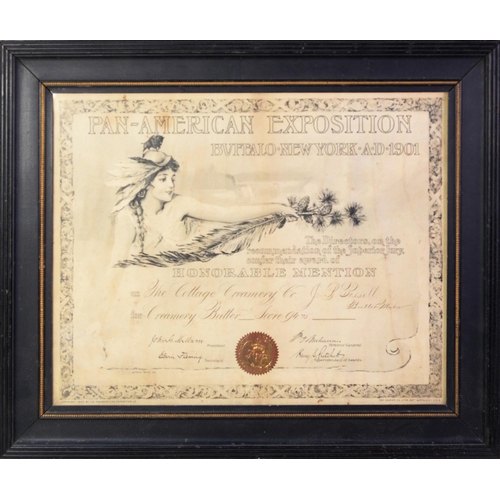 276 - PAN AMERICAN EXPOSITION, BUFFALO, NEW YORK 1901 FRAMED CERTIFICATE OF HONOURABLE MENTION for butter ... 