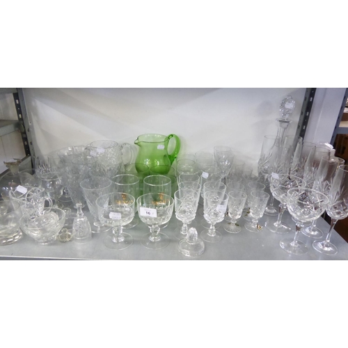 16 - A QUANTITY OF CUT AND PLAIN DRINKING GLASSES, STEM WINES AND TUMBLERS AND A CUT GLASS DECANTER