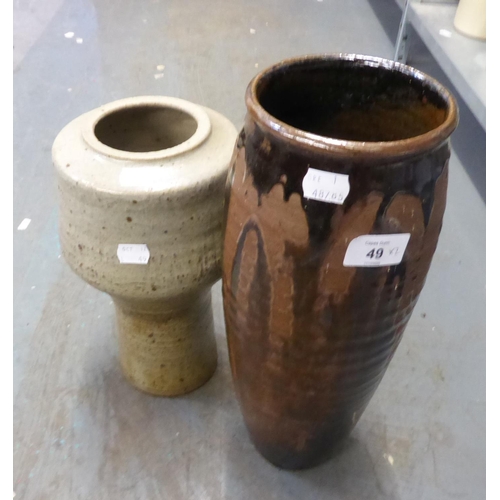 49 - TWO LARGE STUDIO POTTERY STONEWARE VASES (UNSIGNED) (2)