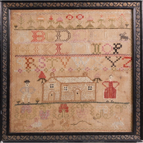 386 - EARLY NINETEENTH CENTURY ALPHABET SAMPLER, also depicting a house flanked by a man and his wife 12