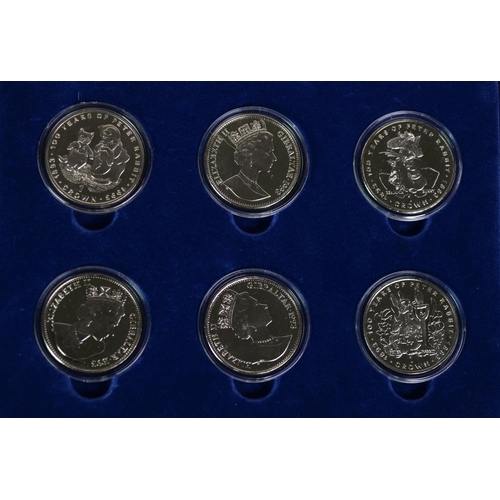 48A - BOXED SET OF SIX WESTMINISTER ISSUED ELIZABETH II (GIBRALTAR) CROWN COINS COMMEMORATING 100 YEARS OF... 