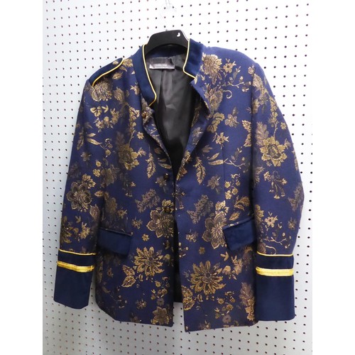 455 - ZARA MAN BLUE FABRIC SMOKING JACKET with all-over 'gold' thread floral embroidered decoration, blue ... 