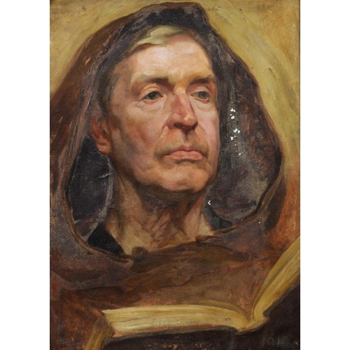 150 - EDWARD RIDLEY (1883 - 1946) OIL PAINTING ON CANVAS Study of a monk in brown habit, holding a book In... 