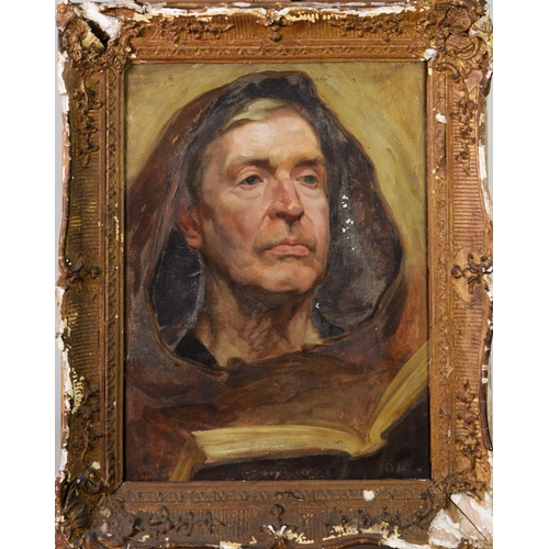 150 - EDWARD RIDLEY (1883 - 1946) OIL PAINTING ON CANVAS Study of a monk in brown habit, holding a book In... 