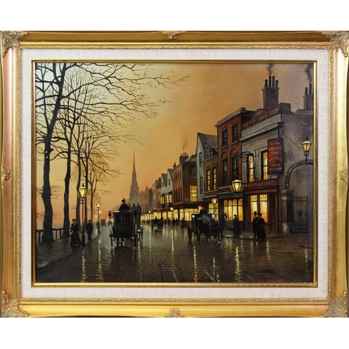 116 - STEVEN SCHOLES (b.1952) OIL ON CANVAS Bygone street scene at dusk, with figures and hansom cabsSigne... 