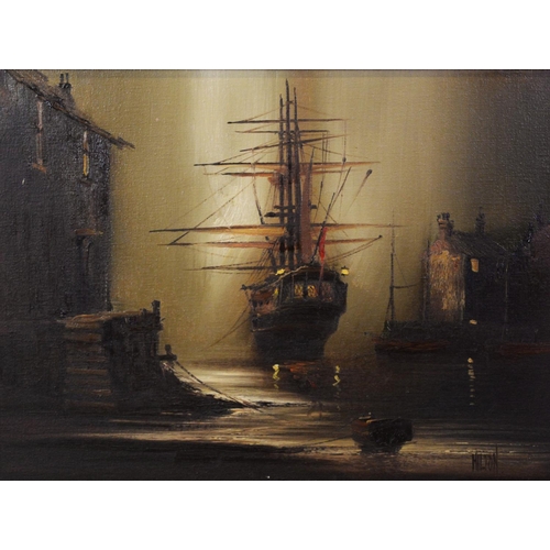 51 - BARRY HILTON (b.1941) PAIR OF OILS ON CANVAS Moored galleons at sunset Signed 11 ¾” x 15 ½” (29.9cm ... 