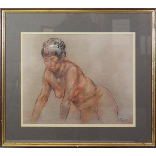 107 - HAROLD RILEY (b.1934) PASTEL ON COLOURED PAPER Seated female nude leaning forward Signed and dated (... 