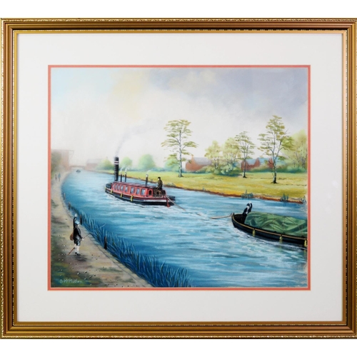 90 - BERNARD McMULLEN (1952-2015) PASTEL DRAWING Canal scene with narrowboats and school boy with fishing... 