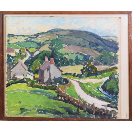 12 - CONSTANCE BRADSHAW (1872-1961) <br />OIL ON BOARD <br />Rural landscape with houses in the foregroun...