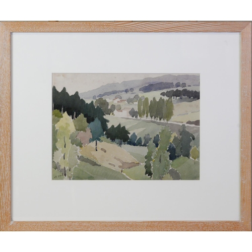 138 - PIERRE ADOLPHE VALETTE (1876 - 1942) WATERCOLOUR DRAWING 'Chemelette', hilly landscape with trees Si... 