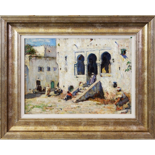 57 - FREDERICK WILLIAM JACKSON (1859 - 1918) OIL PAINTING ON BOARD Street scene with figures, Tangiers 10... 