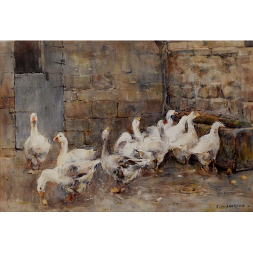 58 - FREDERICK WILLIAM JACKSON (1859 - 1918) WATERCOLOUR DRAWING 'A Corner of the Farm, Geese' Signed low... 