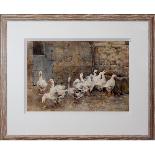 58 - FREDERICK WILLIAM JACKSON (1859 - 1918) WATERCOLOUR DRAWING 'A Corner of the Farm, Geese' Signed low... 