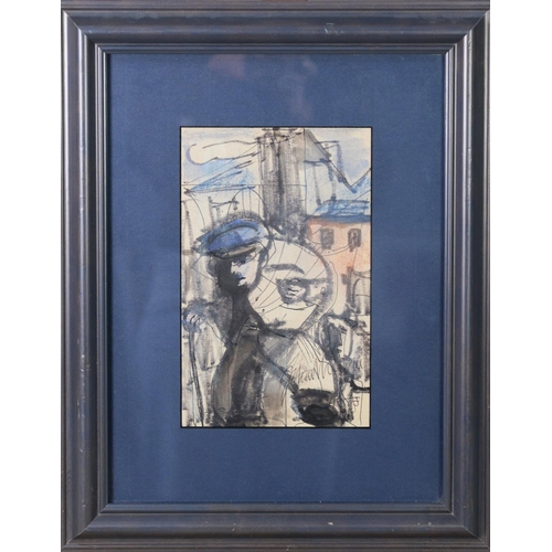 128 - JOHN THOMPSON (1924-2011) MIXED MEDIA‘Man with Stick’ Signed, titled to gallery label verso 9 ½” x 6... 