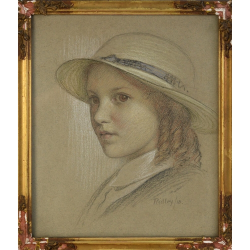 170 - EDWARD RIDLEY (1883 - 1946) PASTEL DRAWING Portrait of a schoolgirl wearing a straw hat Signed and d... 