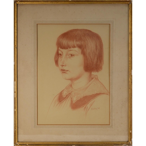 180 - EDWARD RIDLEY (1883 - 1946) RED CHALK COLOUR Portrait of a young woman with a page boy hair cut Sign... 