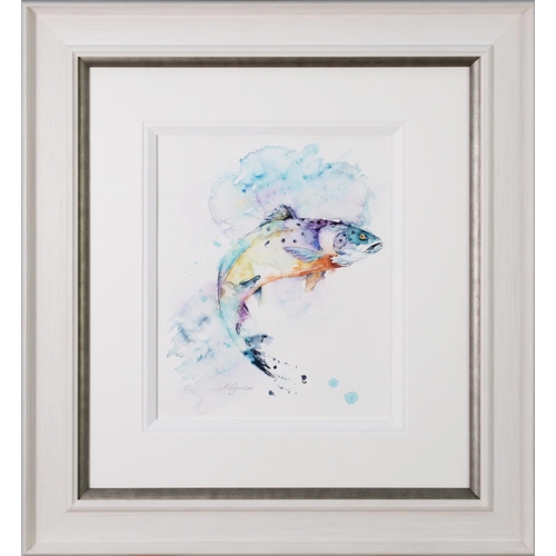 210 - AMANDA GORDON (MODERN) WATERCOLOUR‘Leaping Salmon’ Signed, titled to gallery label verso 14” x 11 ½”... 