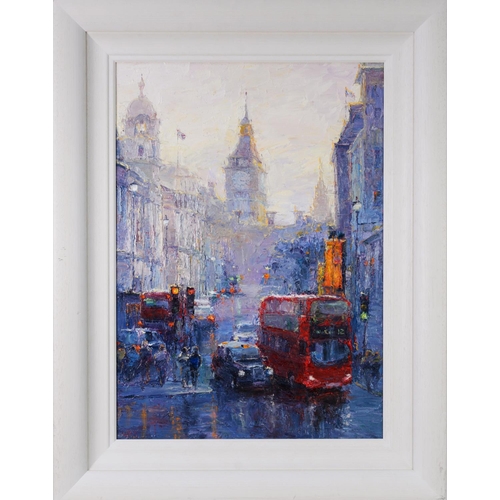 226 - LANA OKIRO (MODERN) IMPASTO OIL ON BOARD‘Afternoon, Whitehall, London’ Signed, titled to label verso... 