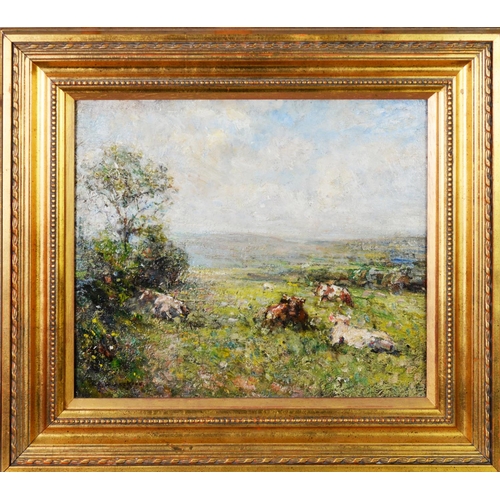 60 - FREDERICK WILLIAM JACKSON (1864 - 1918) OIL PAINTING ON BOARD Extensive landscape with field of cows... 