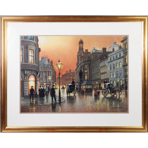 115 - STEVEN SCHOLES PASTEL DRAWING Cross Street & the Royal Exchange Building, Manchester with hansom... 