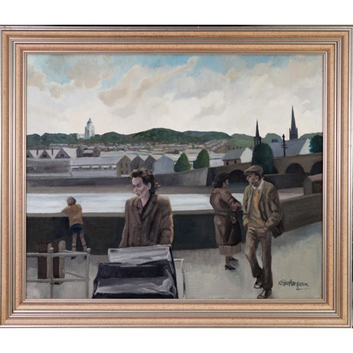 46 - ROGER HAMPSON (1925 - 1996) OIL PAINTING ON CANVAS Lancaster viewed over the river Lune with figures... 