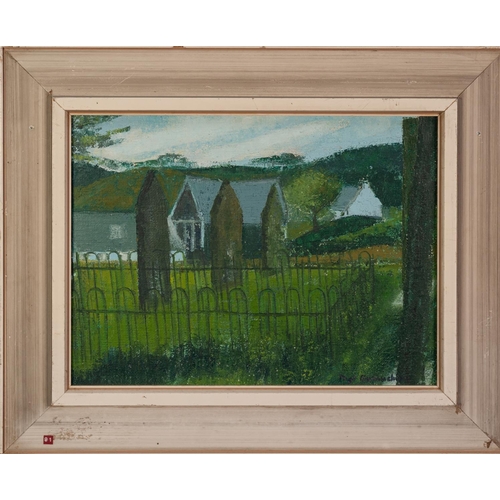 32 - MARGARET GUMUCHIAN (1928 - 1999) <br />OIL PAINTING ON DALER BOARD <br />Borgue Churchyard <br />Sig...