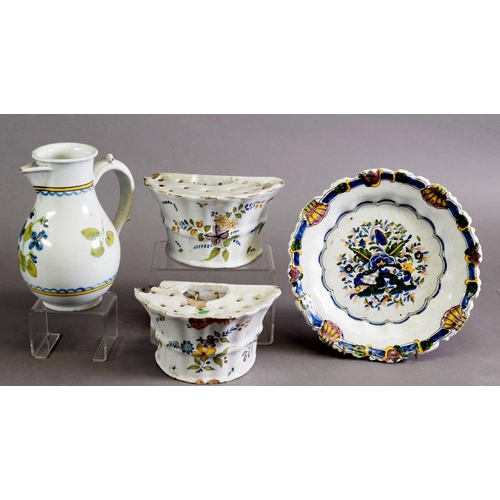 318 - SMALL GROUP OF 19TH/20TH CENTURY FRENCH FAIENCE WARE, to include a pair of wall pocket flower bricks... 