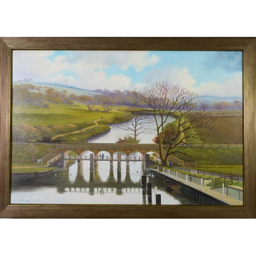 120 - N.BRADLEY-CARTER TWENTIETH CENTURY) PAIR OF OIL PAINTINGS ON CANVAS Riverscapes, one with dis0ued ra... 