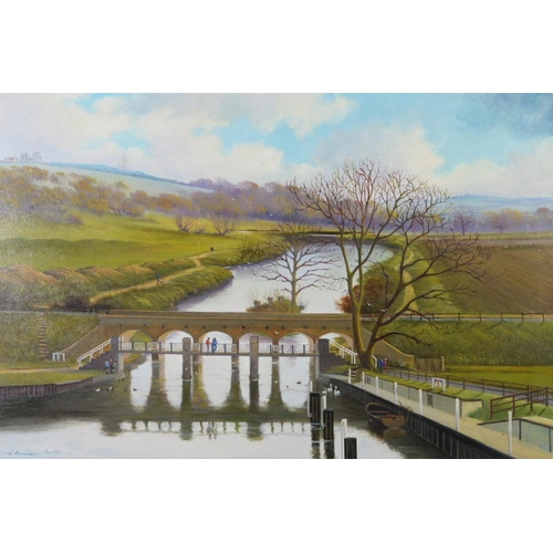 120 - N.BRADLEY-CARTER TWENTIETH CENTURY) PAIR OF OIL PAINTINGS ON CANVAS Riverscapes, one with dis0ued ra... 