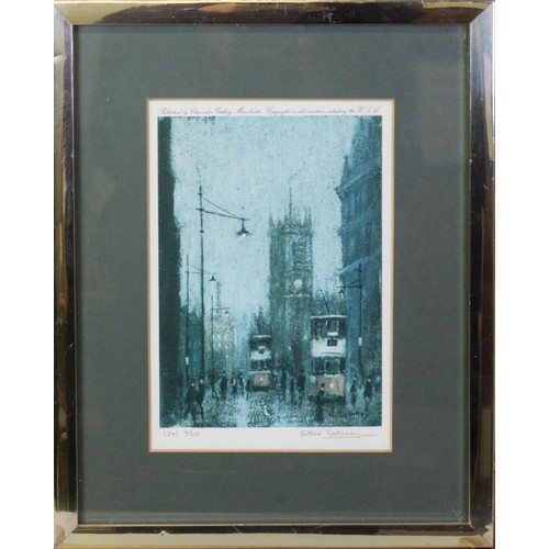 250 - ARTHUR DELANEY PAIR OF ARTIST SIGNED LIMITED EDITION COLOUR PRINTS Manchester scenes, (134/350) 7 ¾”... 