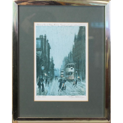 250 - ARTHUR DELANEY PAIR OF ARTIST SIGNED LIMITED EDITION COLOUR PRINTS Manchester scenes, (134/350) 7 ¾”... 