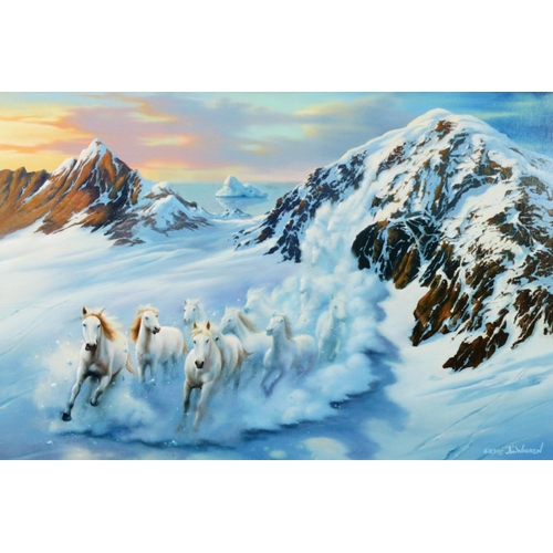 205 - JIM WARREN ARTIST SIGNED LIMITED EDITION COLOUR PRINTMountainous snow scene with galloping white hor... 