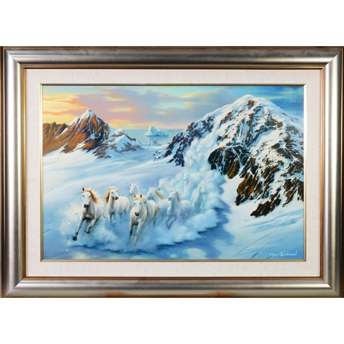 205 - JIM WARREN ARTIST SIGNED LIMITED EDITION COLOUR PRINTMountainous snow scene with galloping white hor... 