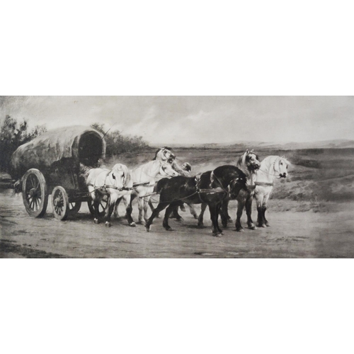 204 - AFTER ROSA BONHEUR PAIR OF BLACK AND WHITE PHOTOGRAVURES‘Wagon & team’ ‘The Horse Fair’ 10” x 21... 